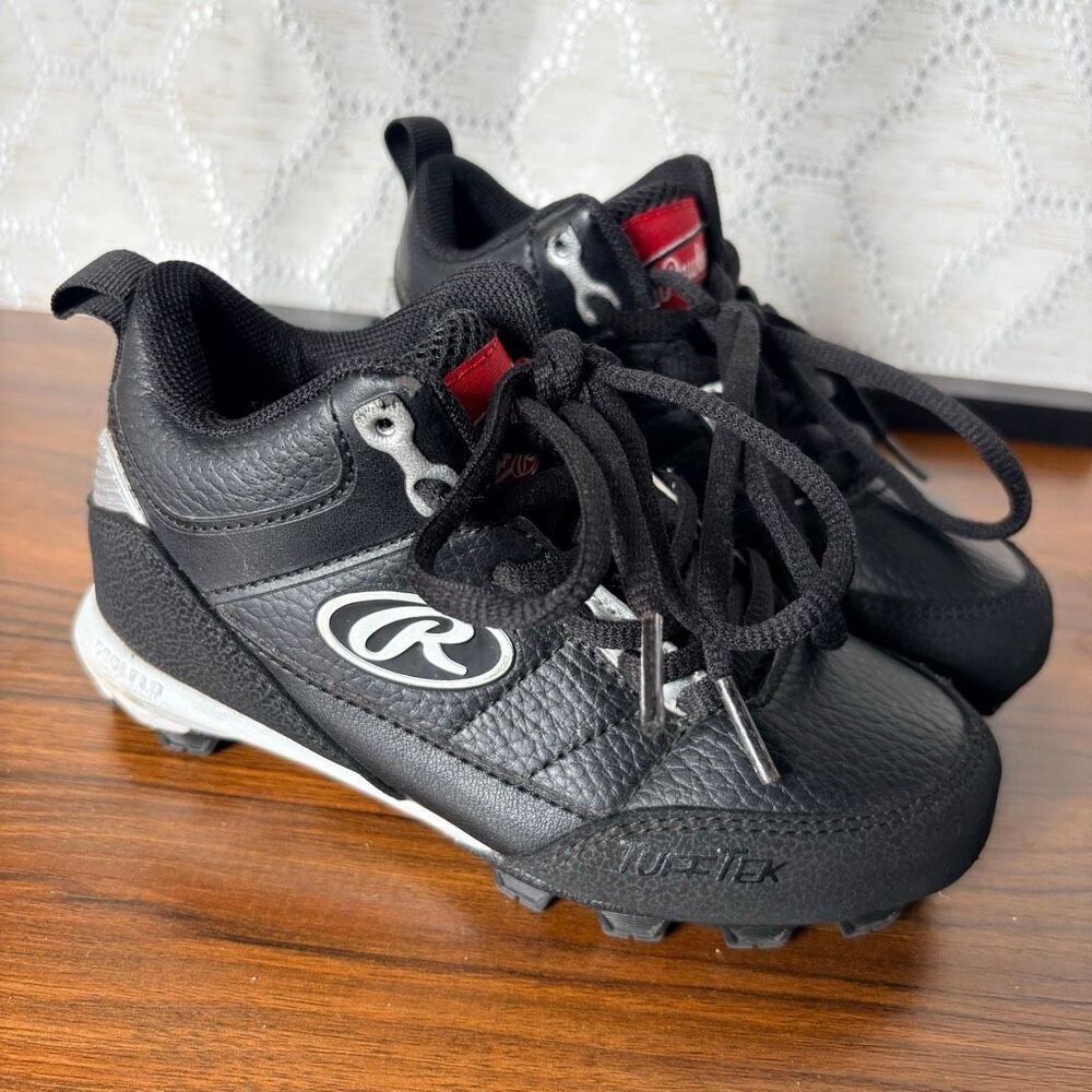 Rawlings Youth 11D Black Kids Press Mid Cleats Baseball T-ball Softball Tuff Tek